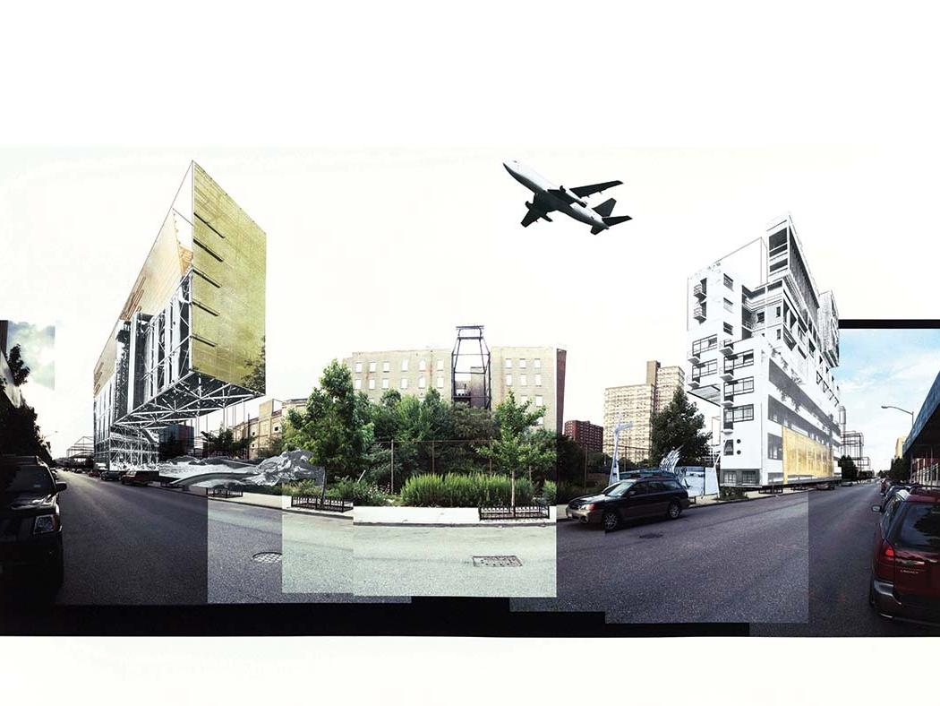 An architectural rendering of a city with an airplane taking off in the foreground by Marshall Brown.