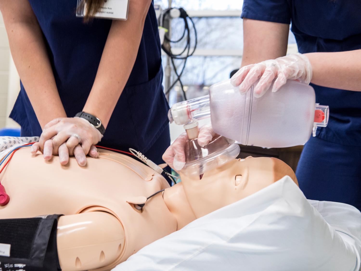 Penn College nursing students perform CPR on a mannequin
