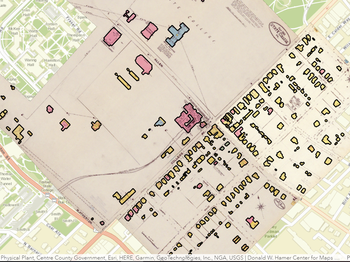 A map of State College, Pennsylvania, from 1906, showing the locations of buildings and roads, 