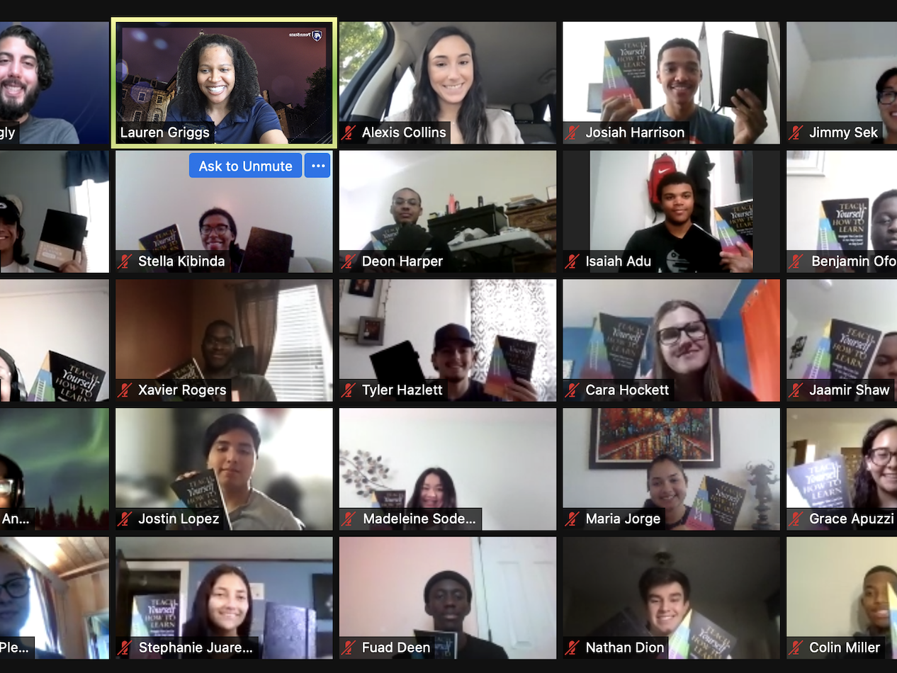 screenshot of a Zoom video meeting with Summer Bridge directors and students. Students are holding up their books, "Teach Yourself How to Learn."