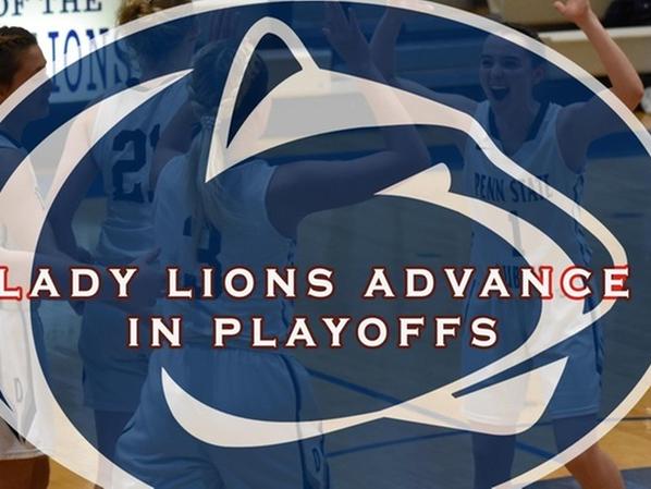 An image of the Penn State DuBois women's basketball team overlayed with the Penn State athletics logo and the words "Lady Lions advance in playoffs"