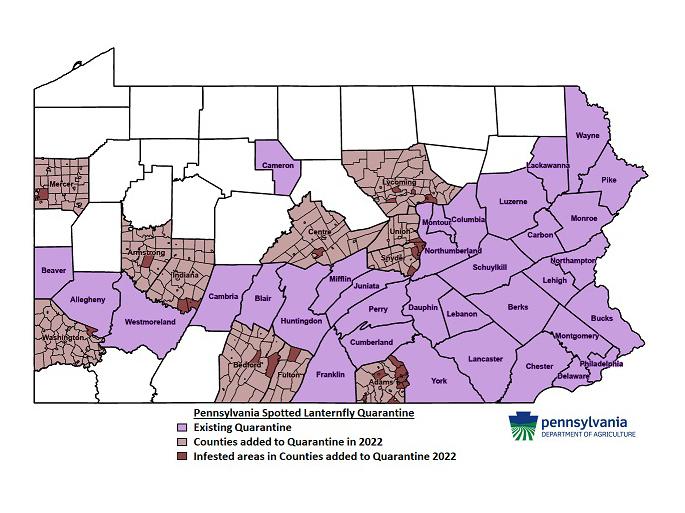 A map of Pennsylvania showing the counties that are included in the spotted lanternfly quarantine zone 2022