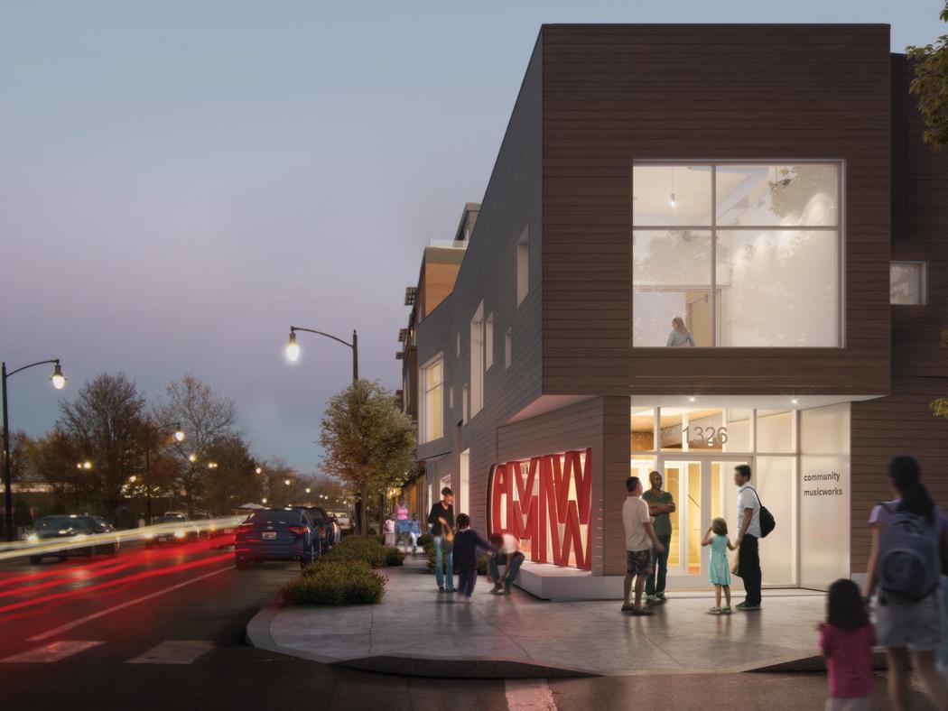 An architectural rendering of a building with people milling around on a busy street. 