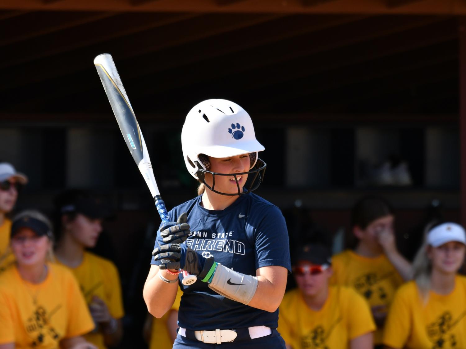 A Penn State Behrend softball player stands in the batter's box.