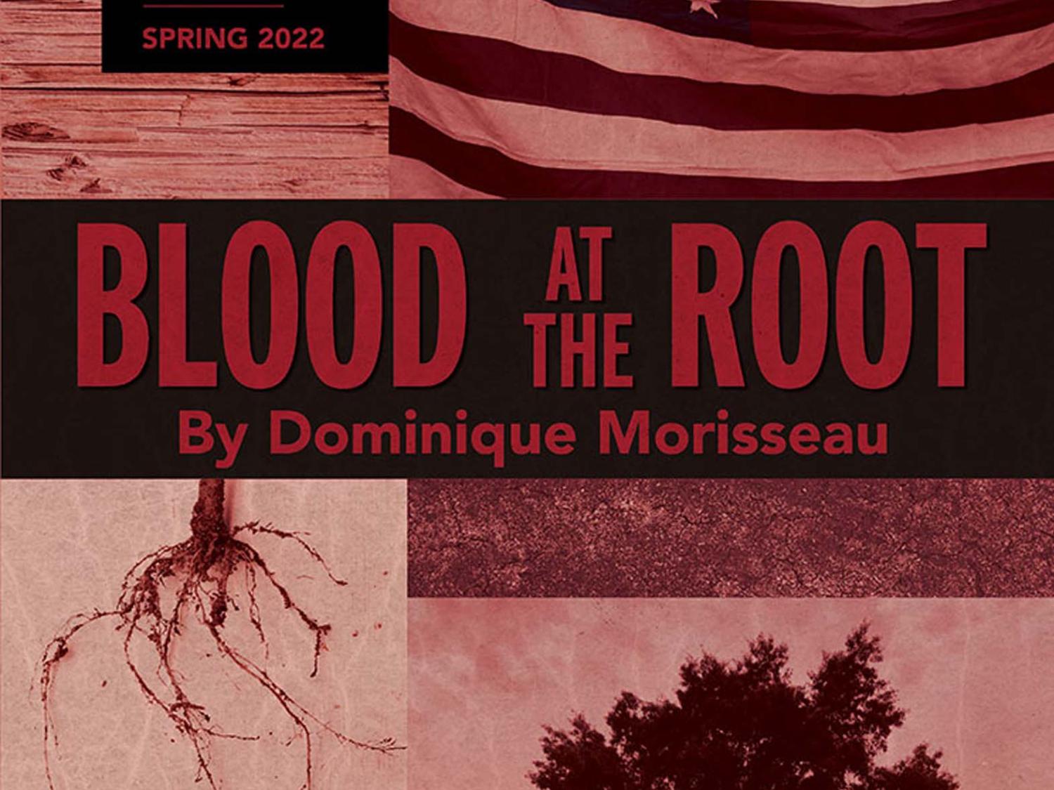 Show title with a tree root, flag, and tree in red.