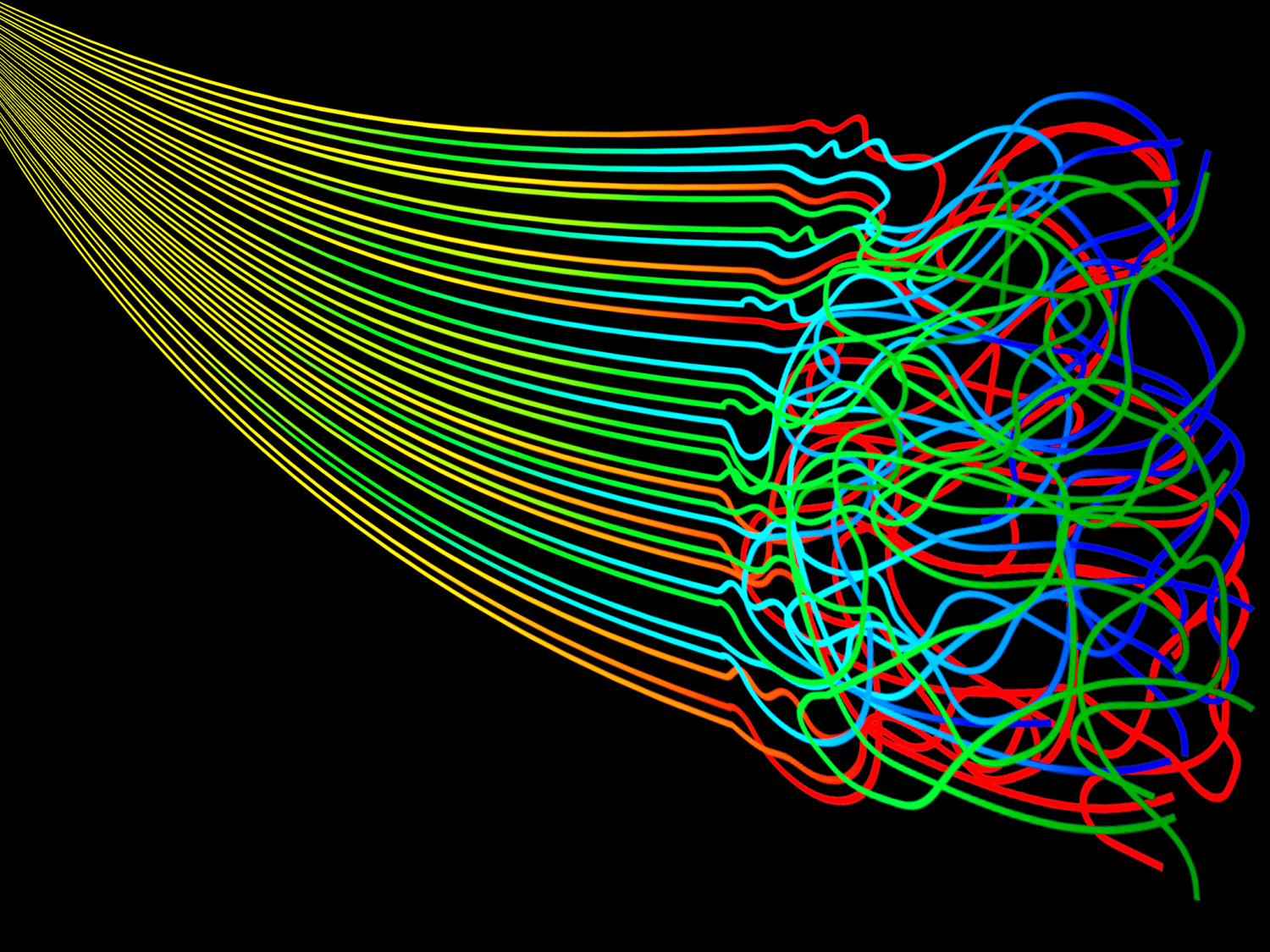 series of multicolored strings becoming a tangled mess