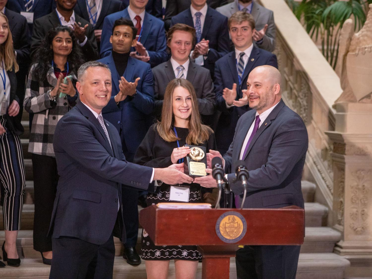 The 2022 Friend of Penn State Legislative Award is presented to Pennsylvania Rep. Jonathan Fritz in the state Capitol.