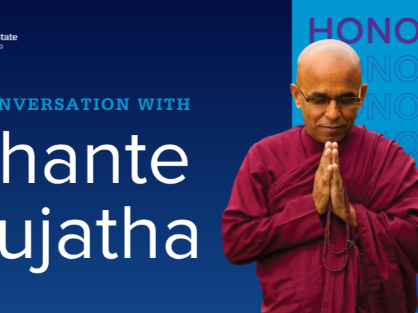 "A Conversation with Bhante Sujatha" with a photo of the monk praying 