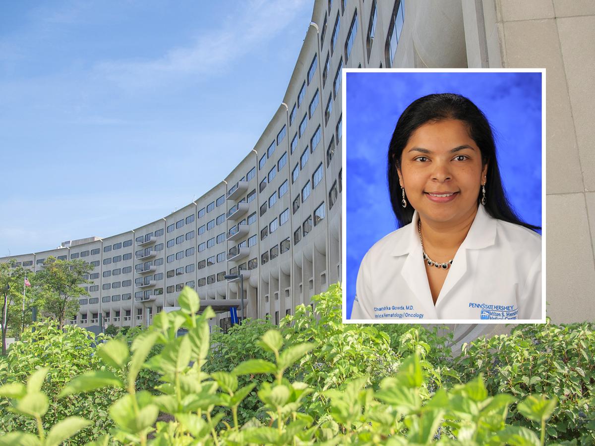 A head and shoulders professional portrait of Dr. Chandrika Gowda against a background image of Penn State College of Medicine.