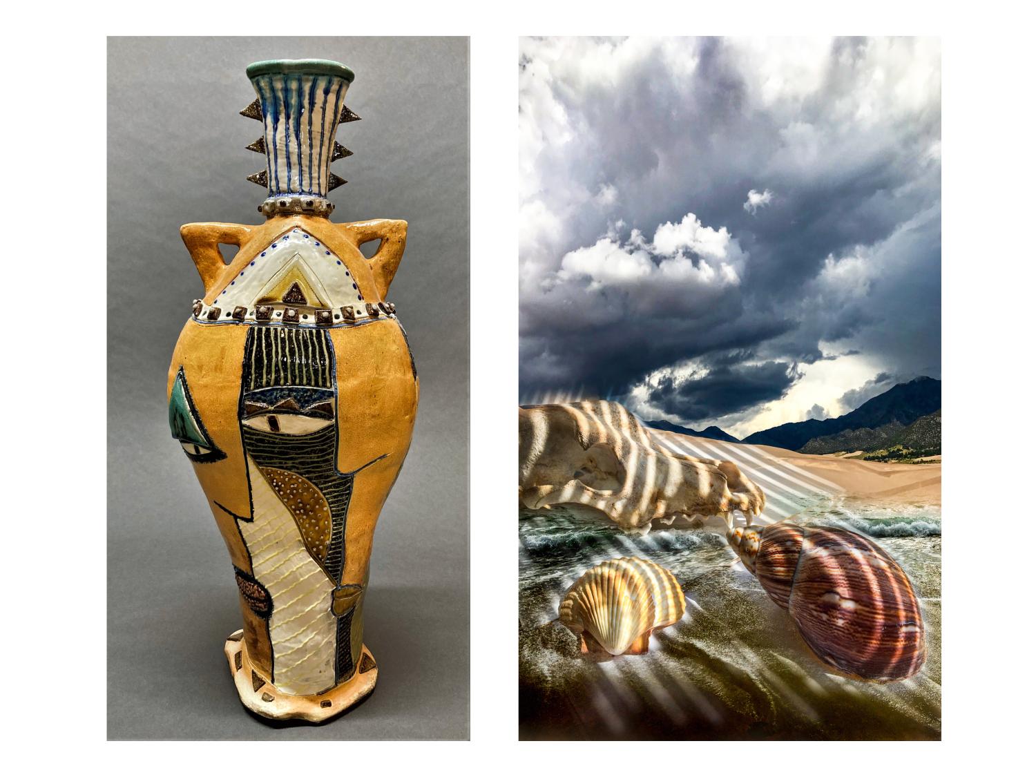 On the right, by David Stabley, is a large stoneware vessel in oranges and other earthy colors. On the right by Keith Vanderlin is a digital photo of three shells on a sandy surface under a high-contrast cloudy sky.