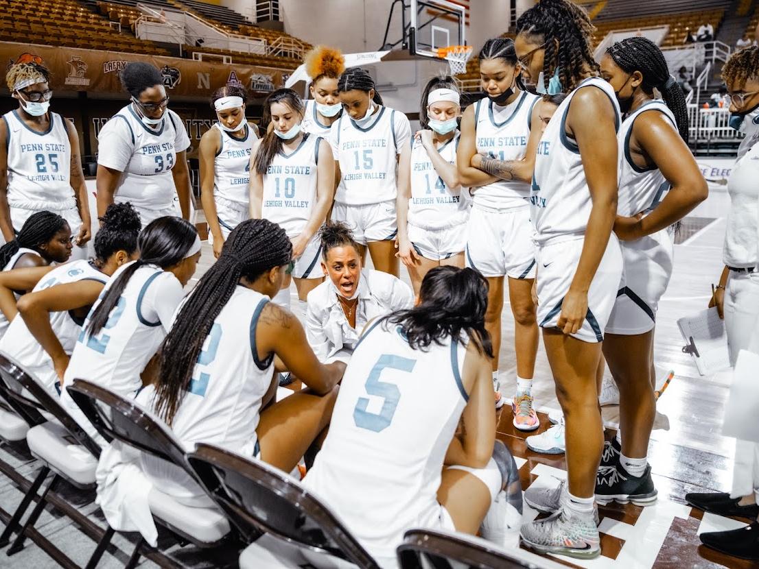 PSU-LV women's basketball team players listen to head coach Lorie Khalil 