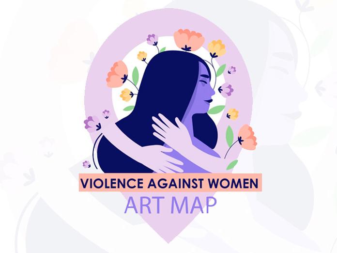 Pastel-colored graphic of a woman being embraced with the words violence against women art map below the graphic