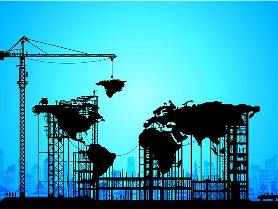 Illustration of a crane constructing a world map. 