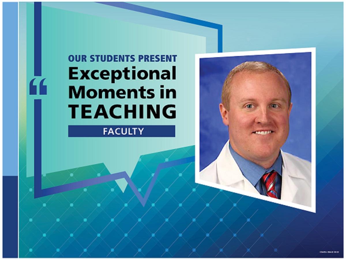 An illustration shows Dr. Brian McGillen’s headshot on a background with the words “OUR STUDENTS PRESENT Exceptional Moments in Teaching faculty.”