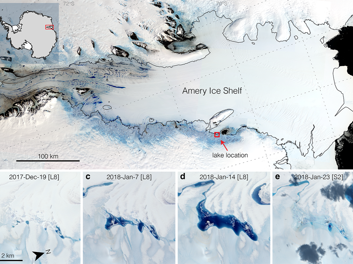 A time series showing a meltwater lake at the grounding line of the Amery Ice Shelf filling and draining