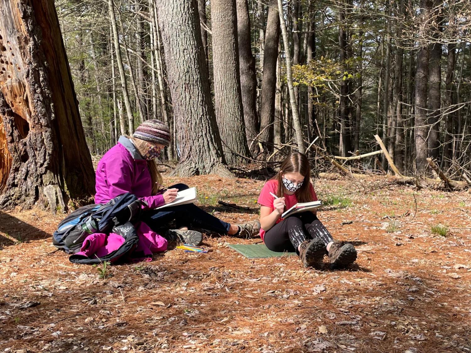 Adult and child work on nature journals outdoors