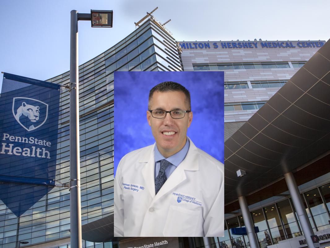 A headshot of Dr. Tom Samson is placed over a stock photo of Penn State Health Children’s Hospital.