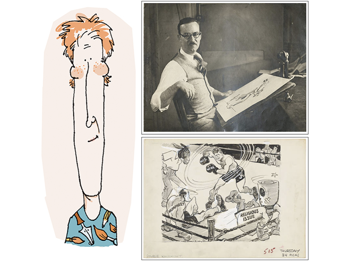 three image collage, one a color caricature of tall, narrow face, the others both black and white, one is a photo of seated man with drawing board propped against desk and leaning on his lap, the other below is an drawing of a boxing ring with John F Kennedy having punched a dizzy Hubert Humphrey and a vague figure labeled religious issue