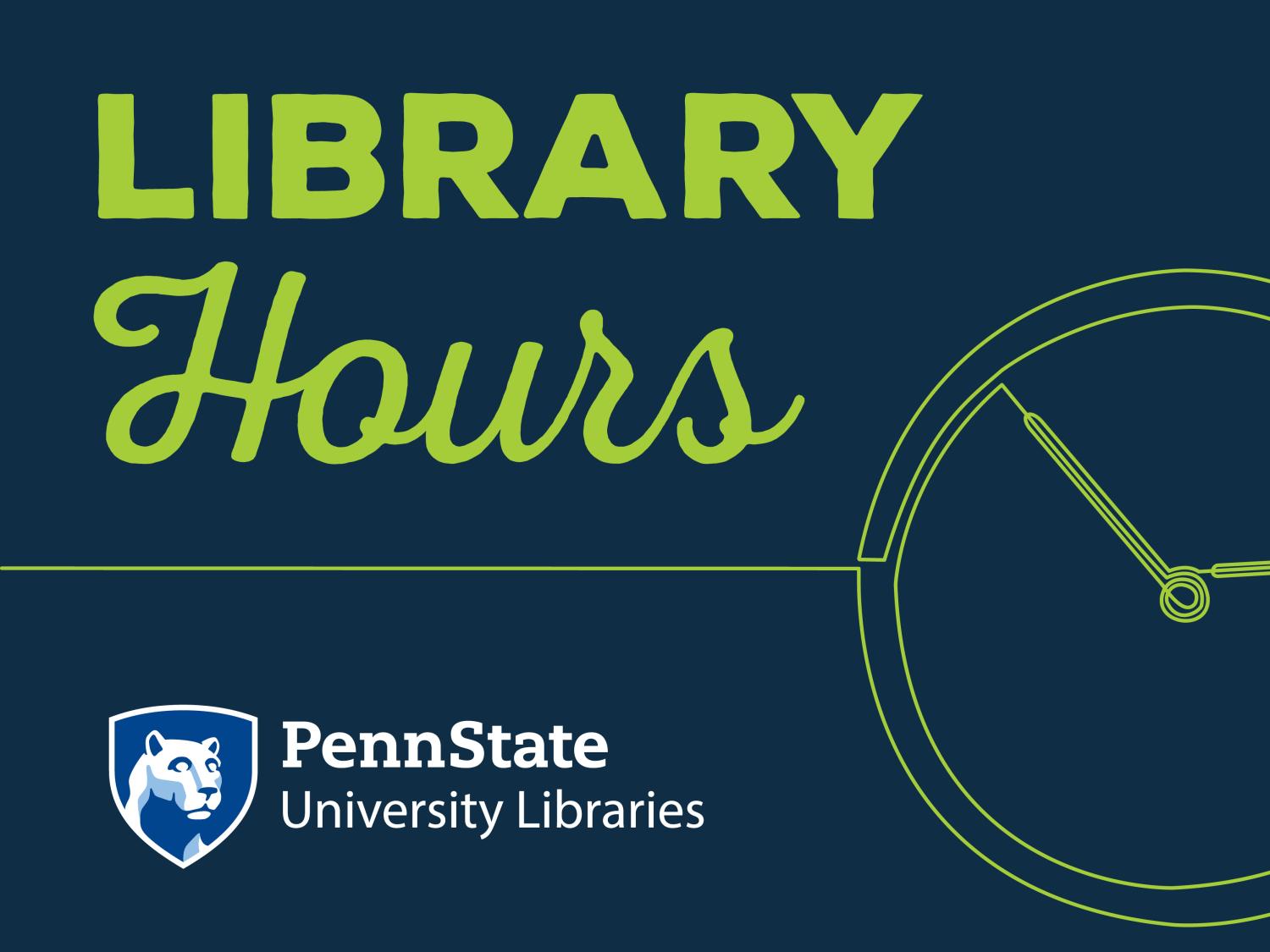 graphic of analog clock face and words Library Hours