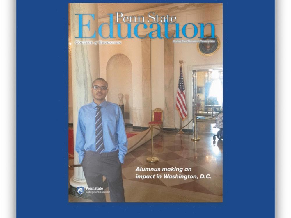 The cover of the spring 2022 edition of the College of Education Alumni Magazine against a blue background