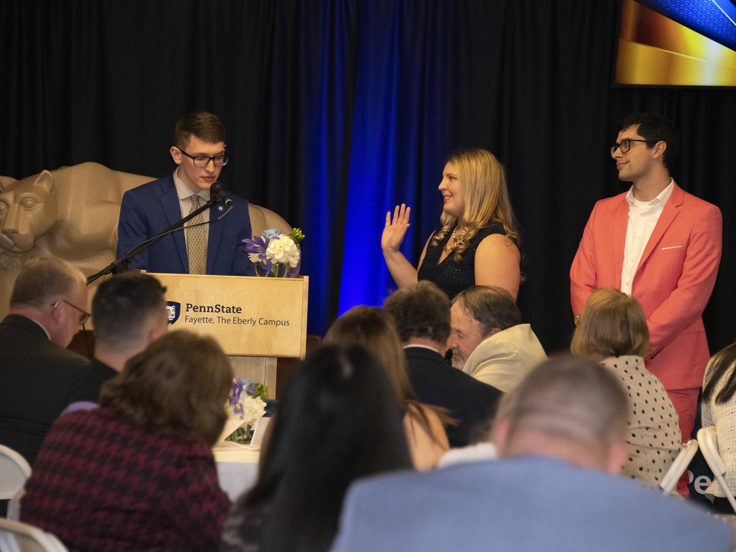 Jacob Levendosky, Student Excellence Award finalist; with Maria Catalina and Joshua Simon, recipients of the Dennis Hippo Memorial Award, at the 56th-annual Student Awards Banquet. 