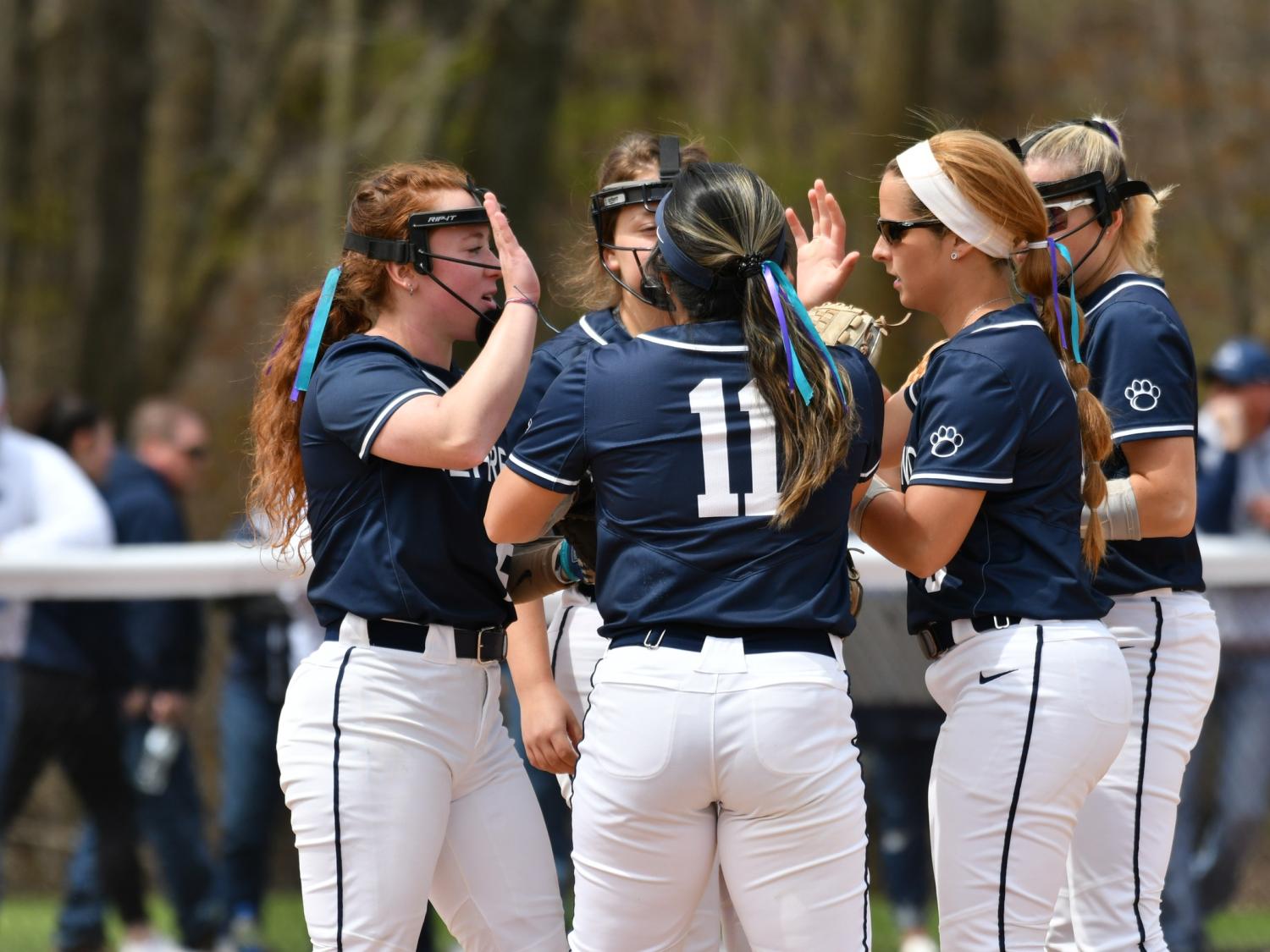 Five Penn State Behrend softball players celebrate during a game.