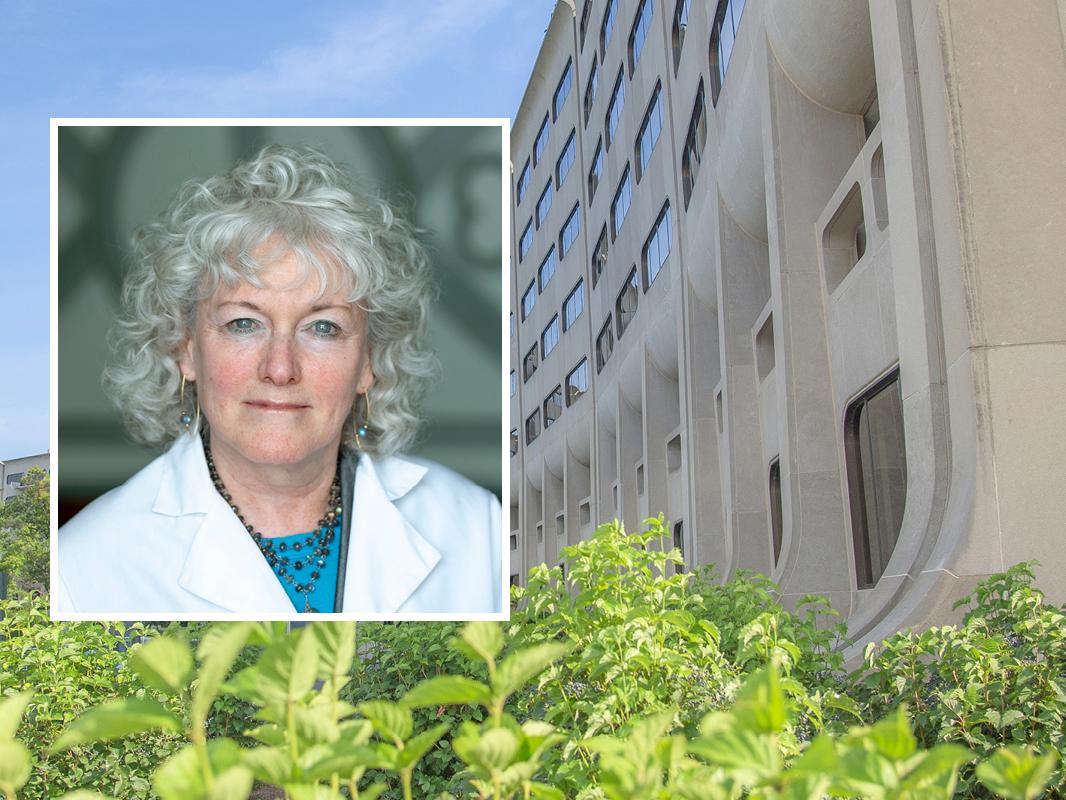 A head and shoulders portrait of Erica Friedman against a background image of Penn State College of Medicine. 
