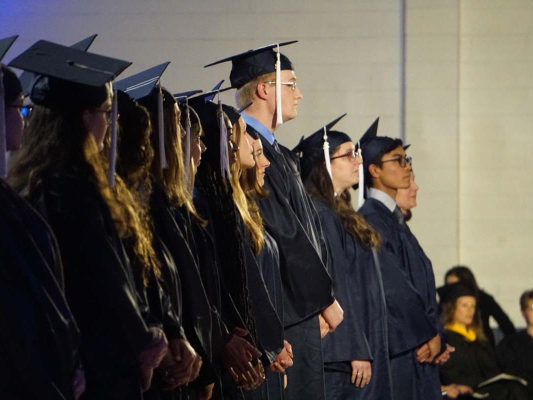 Students in graduation caps and gowns standing in a row