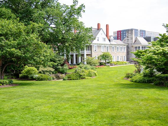 A building, lawn, and foliage