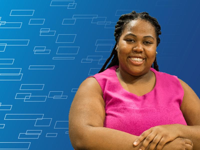 Christina Talley wearing a pink top on a blue graphic background