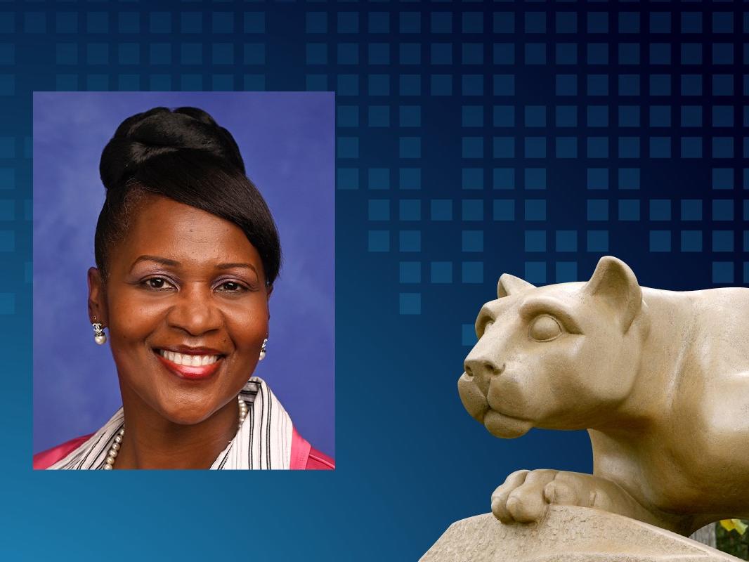 A headshot of a woman smiling overlaid on a graphic with a statue of a lion 