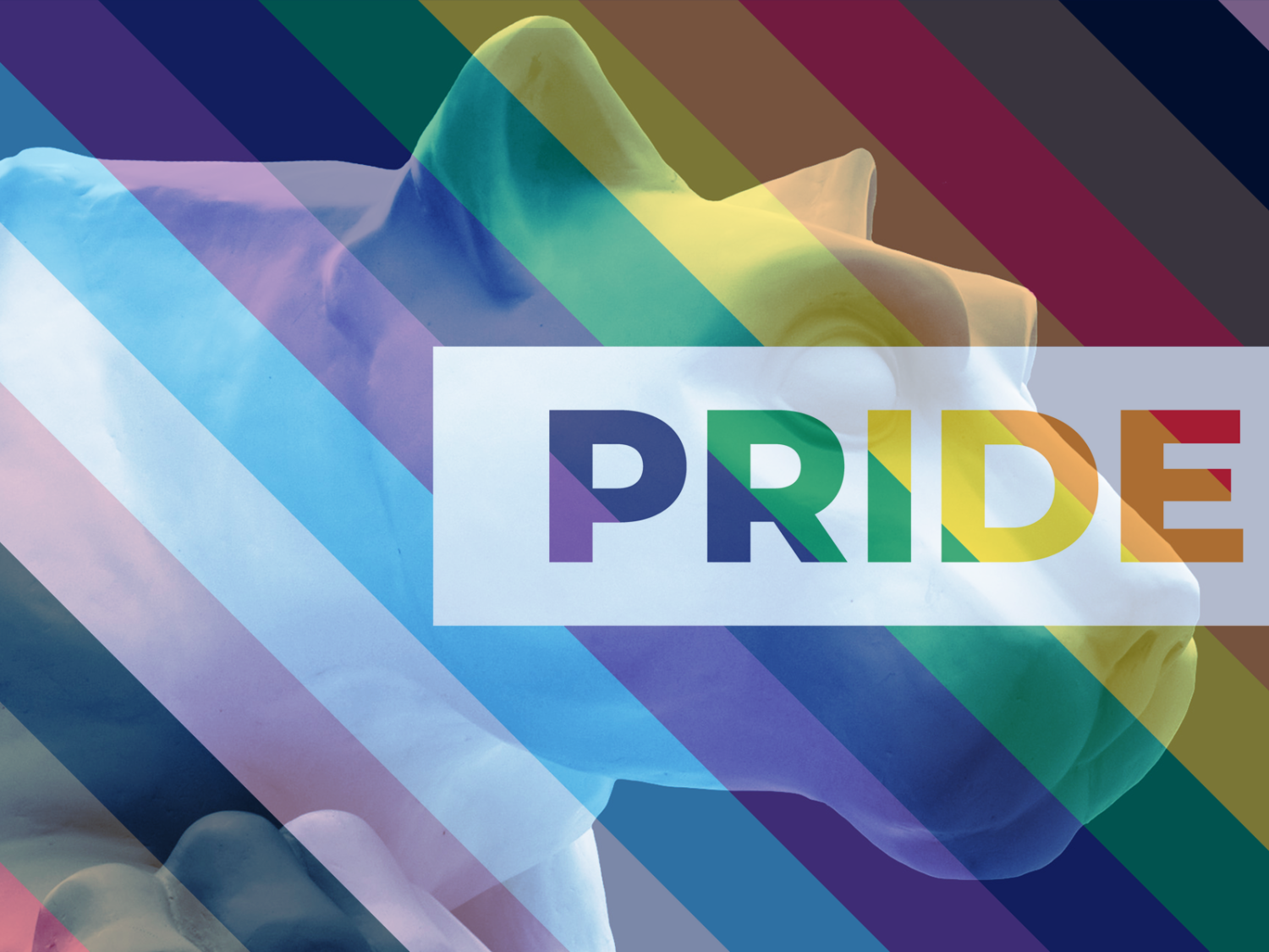 Lion shrine overlaid with Pride Flag and the work "Pride"