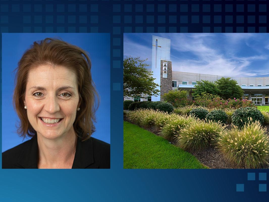 On the left, a woman smiles for a headshot. On the right, the front entrance of a hospital