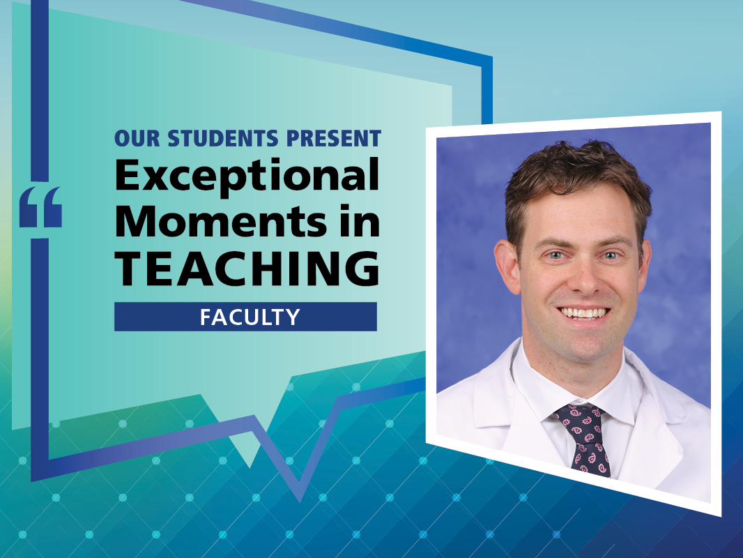 A headshot of Dr. Seth Pantanelli next to a graphic reading "Our students present Exceptional Moments in Teaching | Faculty"