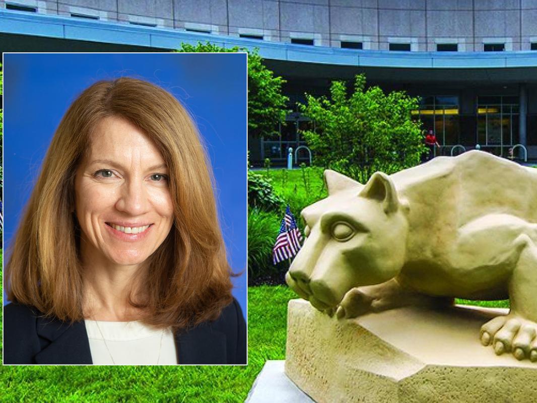 Portrait of Dr. Kimberly Wolf over a photo of the Nittany Lion statue in front of the medical center.