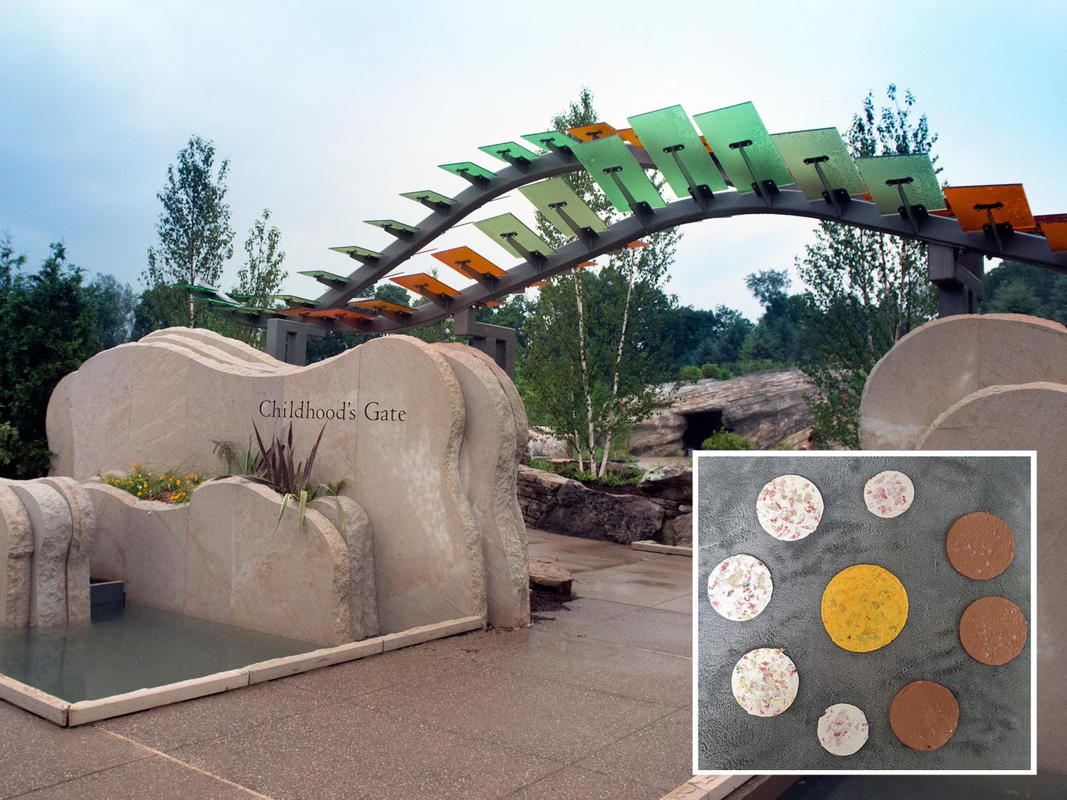 photo of garden entrance with photo inset of small round paper discs