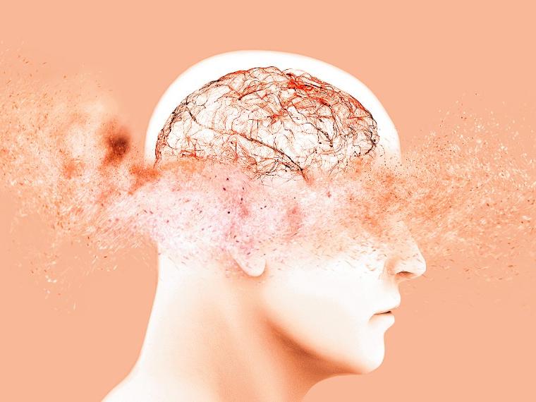 A human profile is shown. Inside the skull, a brain is shown that is dissolving at the base. 