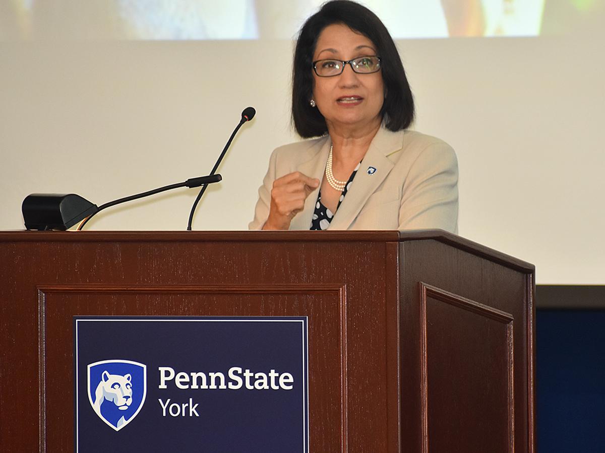 Neeli Bendapudi at podium at Penn State York
