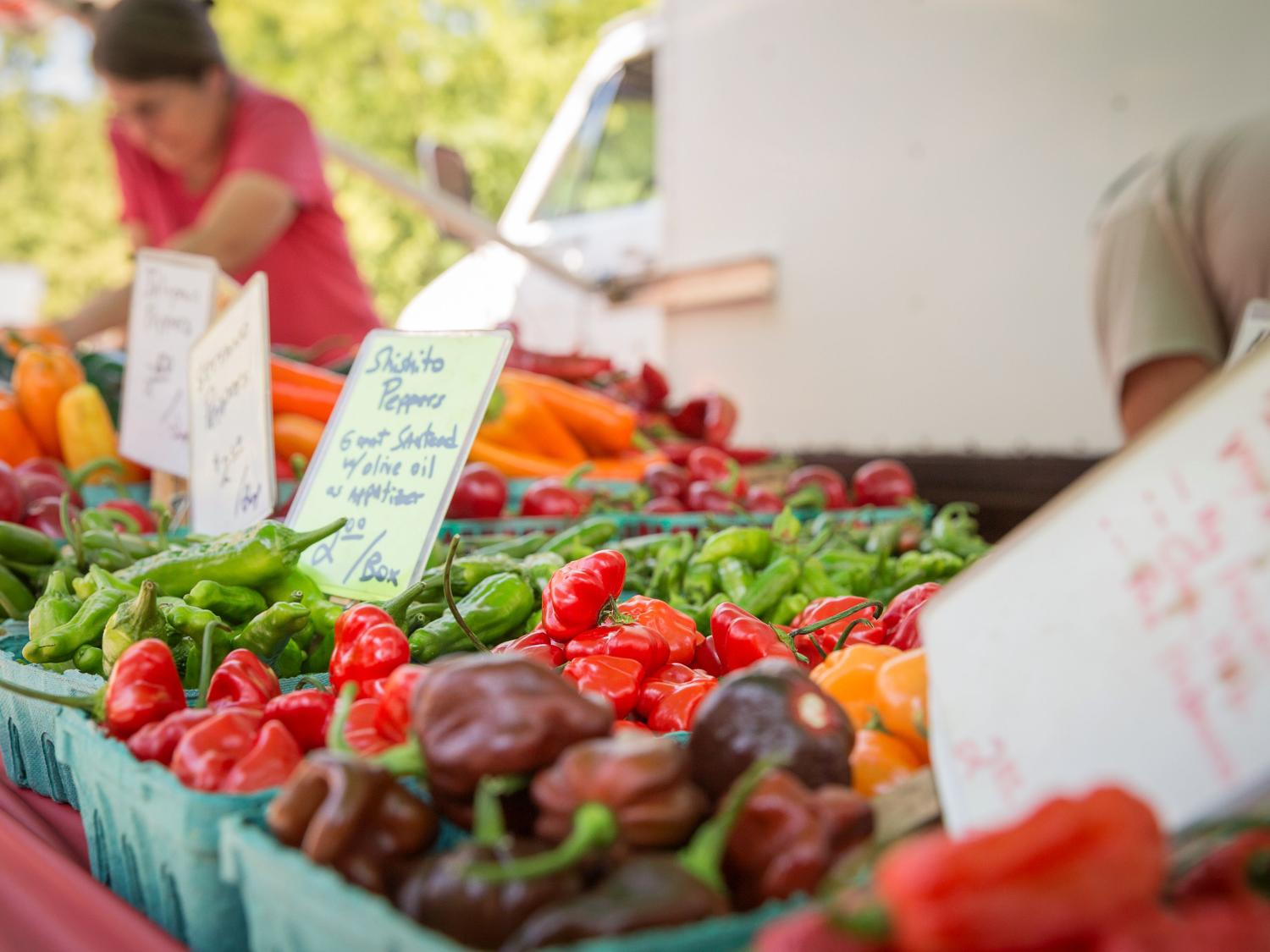Peppers on display at a farmers market