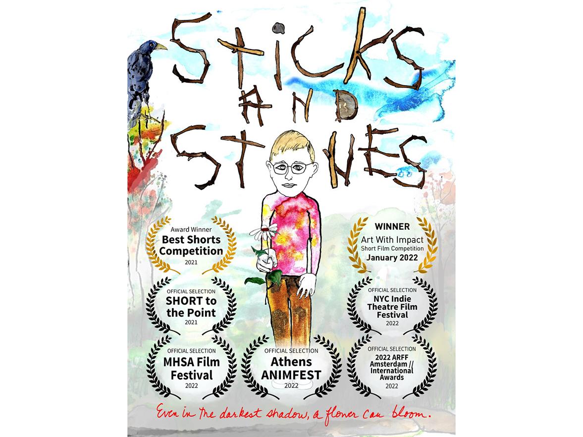 Promotional poster for animated short film shows animation of young boy with the words "sticks and stones" above his head