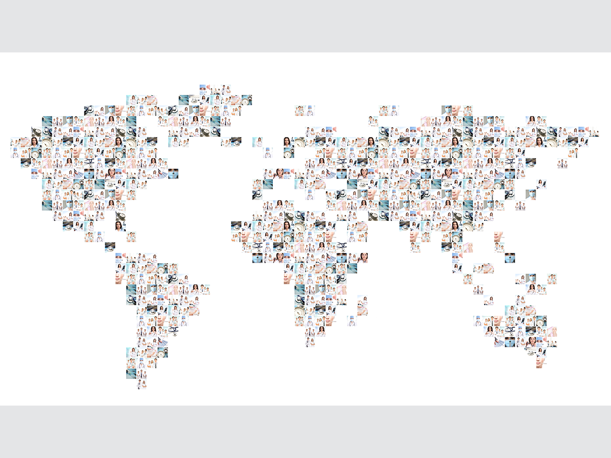 World map of medical and health images collage