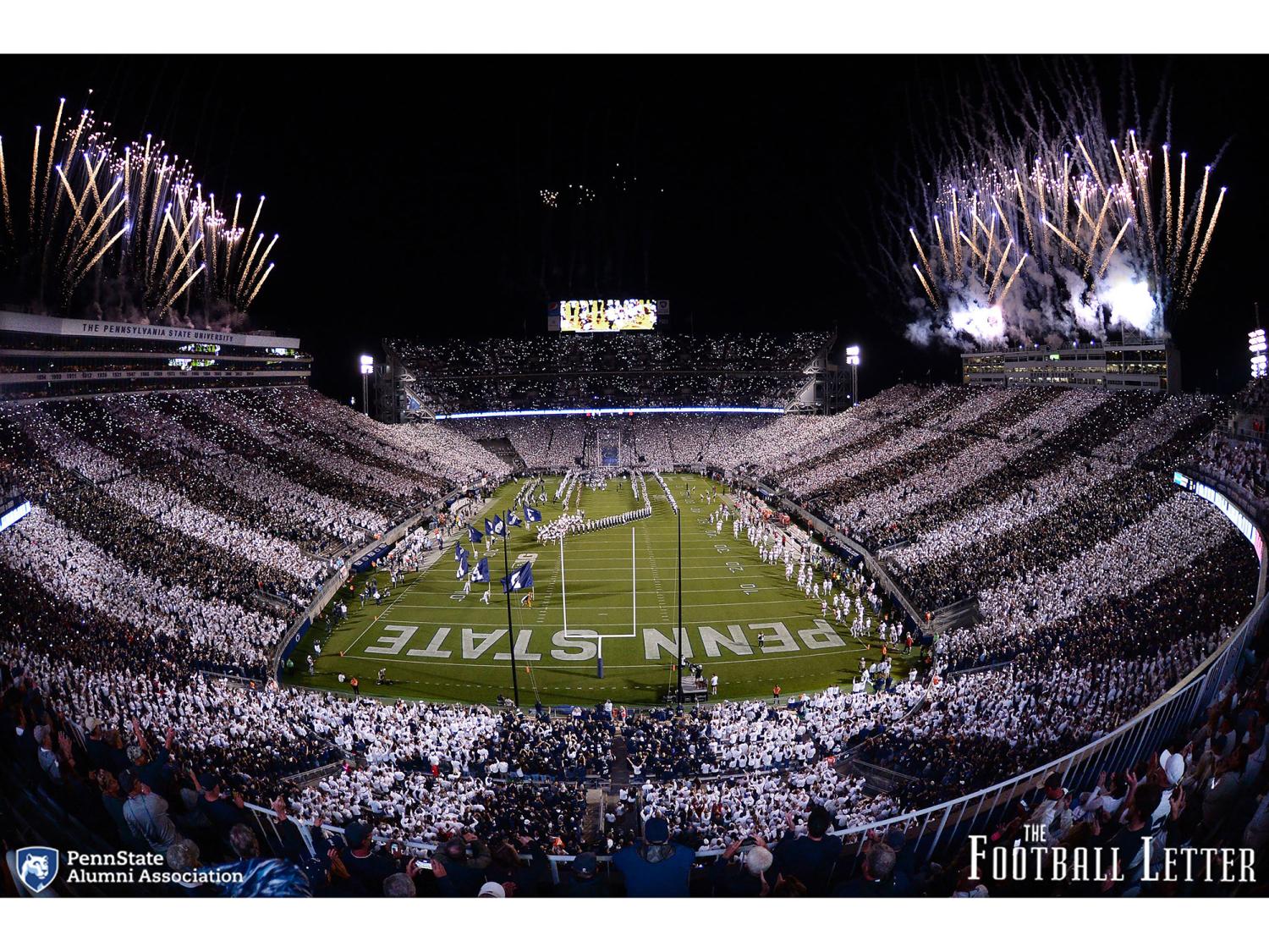 Image of the Beaver Stadium Stripe Out at night with the Alumni Association and Football Letter logos in the bottom corners