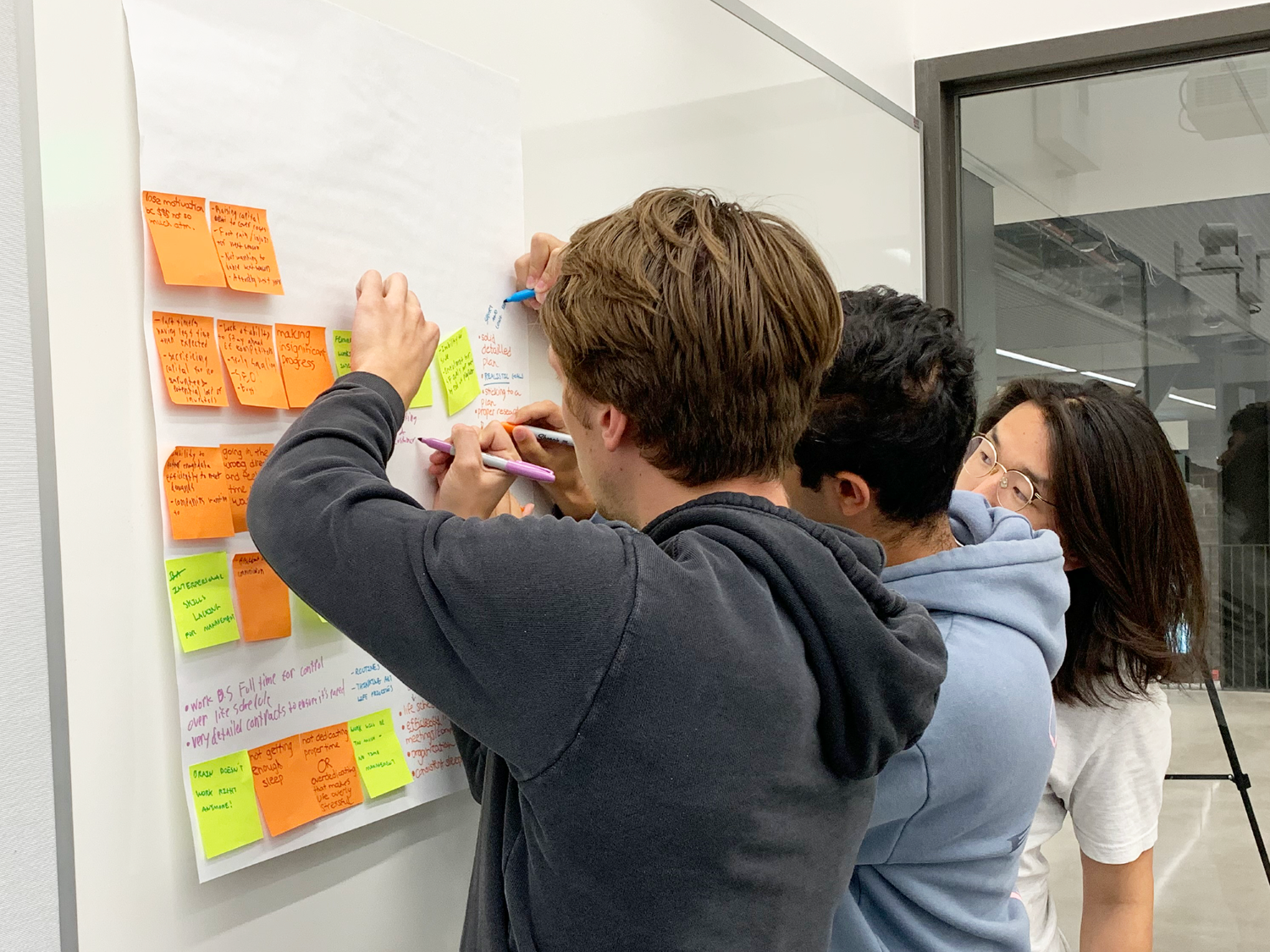 Three people collaborating with sticky notes on a wall