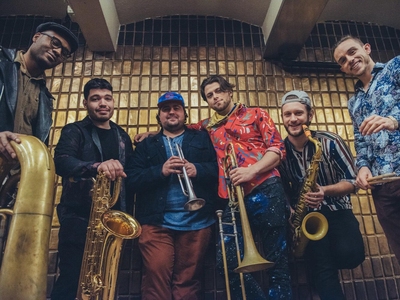 A publicity photo of the brass-funk band Lucky Chops