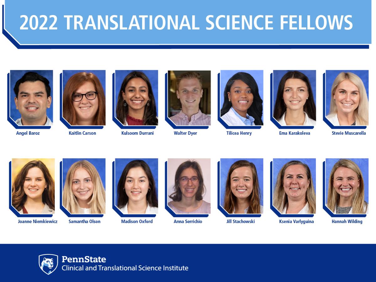 Fourteen professional head-and-shoulders photos appear in two rows below the title 22 Translational Science Fellows. The Penn State Clinical and Translational Science Institute logo appears at the bottom.