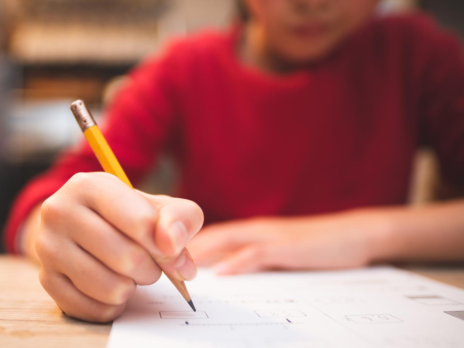 A child uses a pencil to take a test.