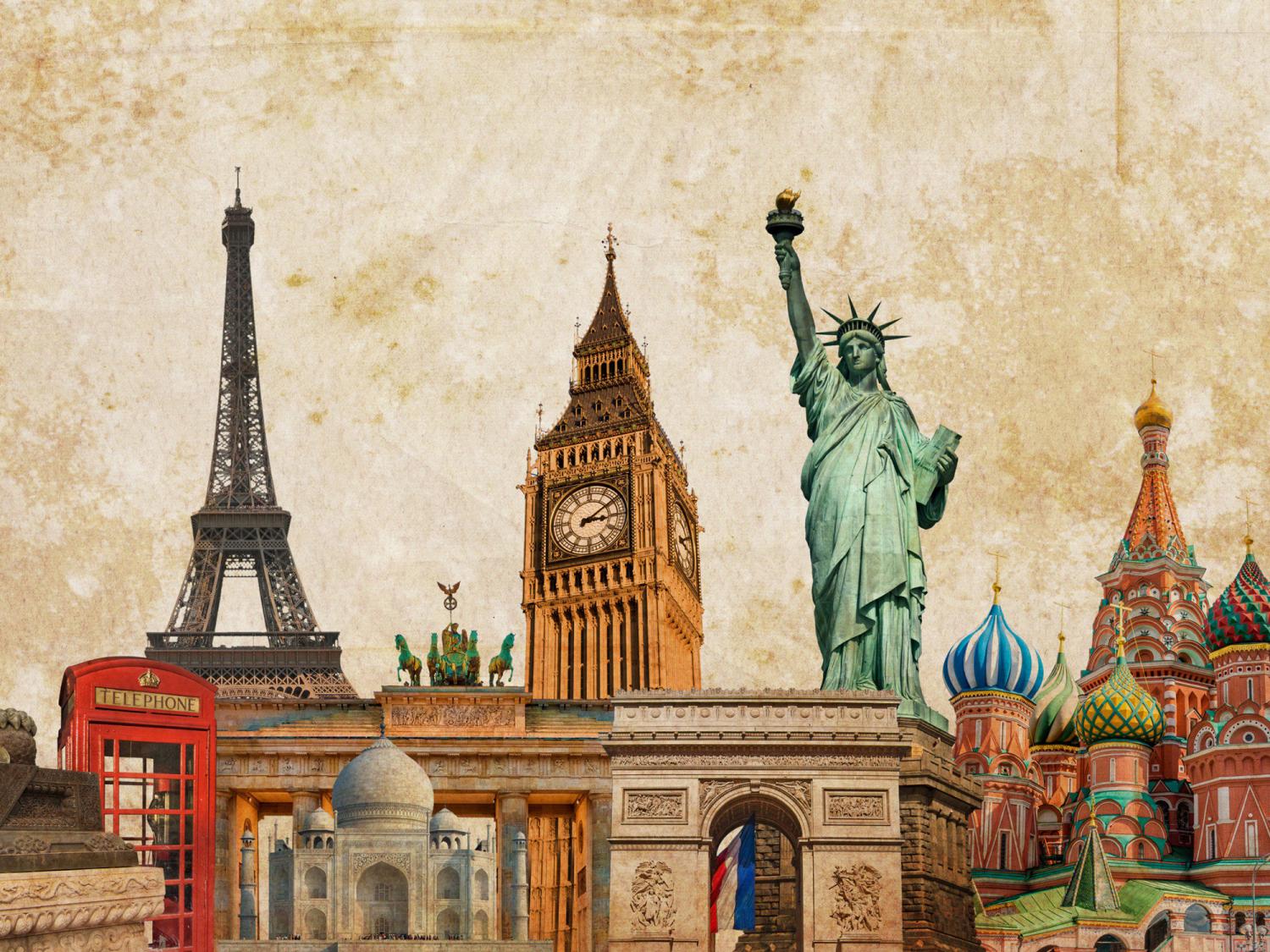 A collage of famous world landmarks