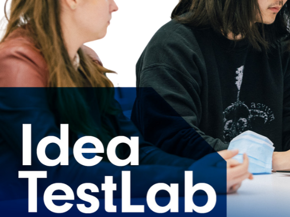 Idea TestLab words over background of two individuals working at a computer