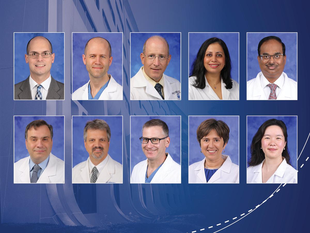 Head and shoulders professional portraits of William Calo Perez, Ephraim Church, William Curry, Smita Dandekar, Nandakumar Nagaraja, Dino Ravnic, Todd Schell, Scott Simon, Aleksandra Zgierska and Alice Zhang against a background image of Penn State College of Medicine.