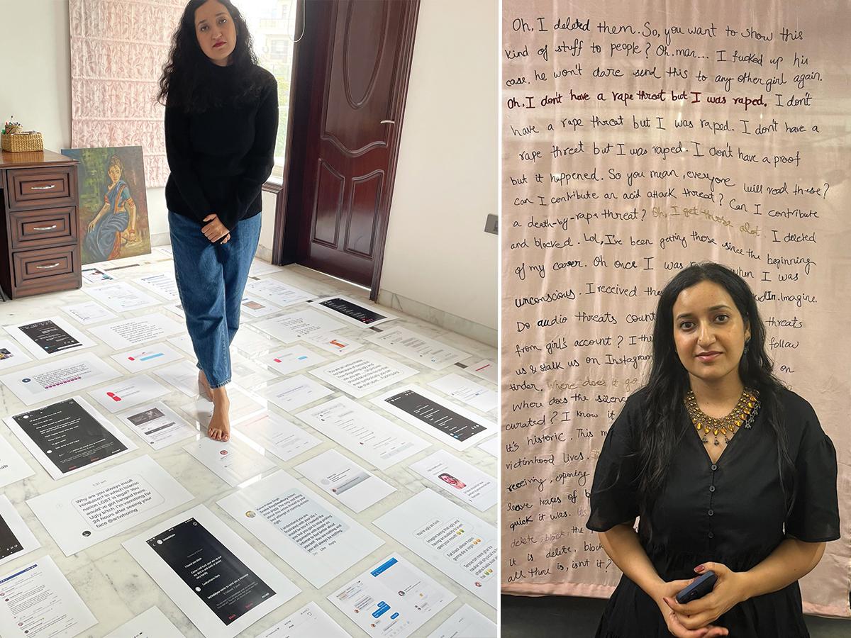 two photos of woman standing near her exhibit items